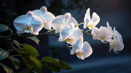 white orchids blooming, dark to dawn lighting, ethereal atmosphere