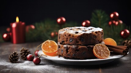 Fototapeta na wymiar Traditional British Christmas Desserts: Festive Fruit Cake and Pudding on Gray Background