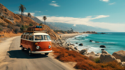 Vintage camper van parking at the beach with suitcases on top during on vacation near a sea.