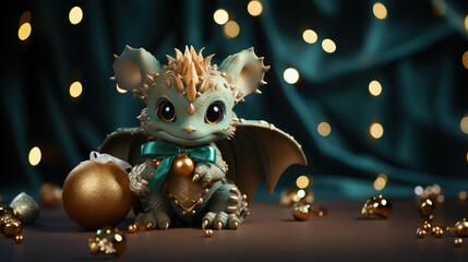 Fototapeta premium small cute baby dragon with a gift box on a background of lights, new year, symbol 2024, chinese calendar, christmas tree toy, eve, holiday, ribbon, bow, figurine, dinosaur, mythical animal, gold