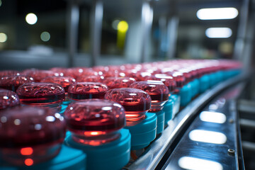Red light bulb on conveyor belt in factory. Industrial background. ia generated