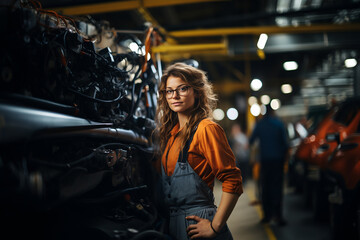 Fototapeta na wymiar Portrait of young female mechanic standing in auto repair shop and looking at camera. ia generated
