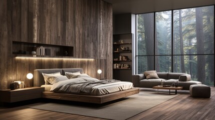 Minimalism defines the interior design of a modern bedroom featuring concrete and wooden paneling - obrazy, fototapety, plakaty