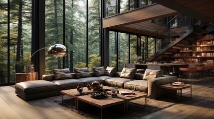 Minimalist home interior design of a modern living room with a grey corner sofa in a spacious room with big windows in a house in the forest