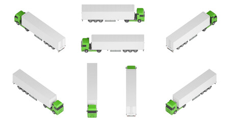 Mock-up of a truck with a semi-trailer on a white background for vehicle branding, corporate identity. The camera is positioned at an angle of 45 degrees to the horizon. 3d illustration. - obrazy, fototapety, plakaty
