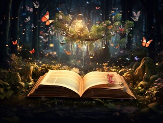 Enchanting forest scene illuminated with soft glow, revealing open magical storybook surrounded by fluttering butterflies. Fantasy, imagination, and fairy tale concept. Spring composition - obrazy, fototapety, plakaty