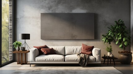 Minimalist interior design of a modern living room with a grey sofa near a wall with an empty mock-up poster