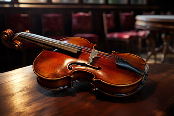 Violin on wooden table in the interior of the classical music room