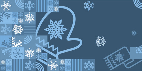 Fototapeta na wymiar Winter background with hat and scarf, snowflakes, banner, label, background