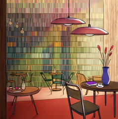 beautifull colorful empty library coffee shop, book house  interior illustration 