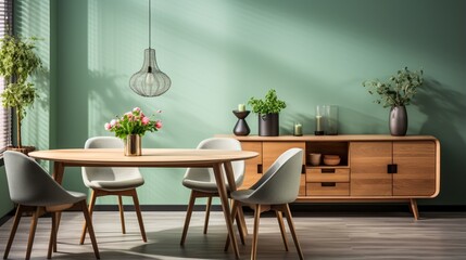 Mint color chairs surround a round wooden dining table in a room with a sofa and a cabinet near a green wall, showcasing Scandinavian home interior design