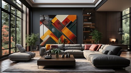 Modern art deco interior design transforms the apartment's living room, where a gray sofa...