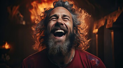 Attractive swedish man with stylish hair and beard laughs at funny story from friend with crossed hands and closed eyes. Man portrait illustration. Generative AI