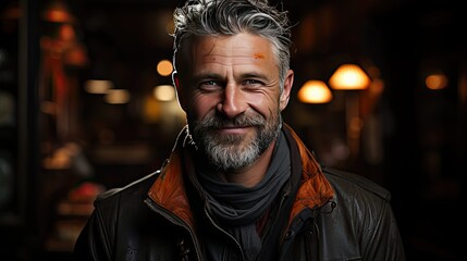 Obraz premium Portrait of smiling mature man standing on background. Man portrait illustration. Generative AI