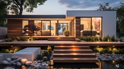 Modern small minimalist cubic house with a wooden terrace and landscaping design in the front yard exhibits a striking residential architecture exterior - obrazy, fototapety, plakaty