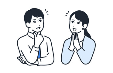 解決策をひらめく若い男女の会社員のシンプルなベクターイラストセット素材