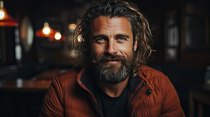 Portrait of young handsome hipster man with beard smiling laughing looking at camera over background. Model portrait illustration. Generative AI