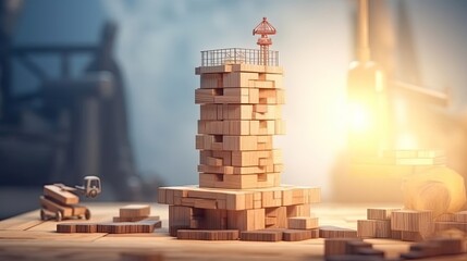 Engineering play. Blocks wood tower game jenga, industry layout. Engineer and architect concept. Beautiful style illustration. Generative AI