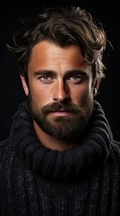 Obraz premium Shot of young handsome male with beard, mustache and trendy hairdo, wears casual grey sweater. Man face portrait illustration. Generative AI