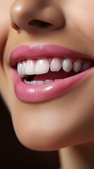 Naklejka premium Perfect healthy teeth smile of a young woman. Teeth whitening. Dental clinic patient. Image symbolizes oral care dentistry, stomatology. Dental care illustration. Generative AI