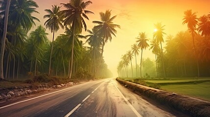 Naklejka premium Coconut palms and road in tropical island with sunrise. Beautiful style illustration. Generative AI