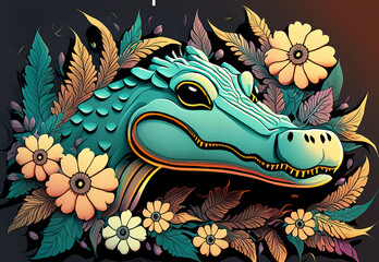 Illustration, crocodile head , black background, flowers, poster, graphic