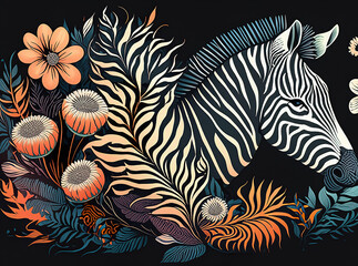 Illustration, zebra head , black background, flowers, poster, graphic