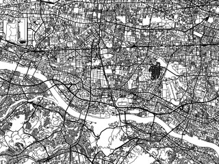 Vector road map of the city of  Fuchu in Japan with black roads on a white background. 4:3 aspect ratio.