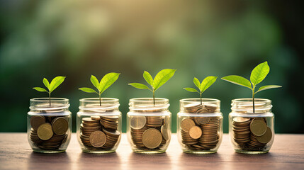 plant growing out of coins in glass jar with filter effect retro vintage style. Investment concept
