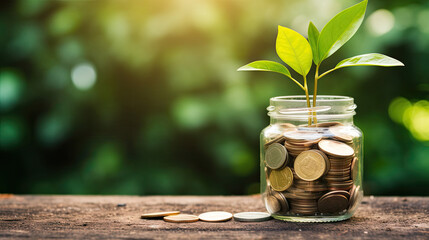 plant growing out of coins in glass jar with filter effect retro vintage style. Investment concept - Powered by Adobe