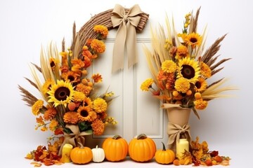 Beautiful door with autumn decoration with pumpkin candle, wheat ears and sunflowers and realistic bows, isolated on a white background .