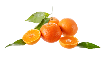 Fresh ripe mandarins or tangerines with slices and leaves isolated on white