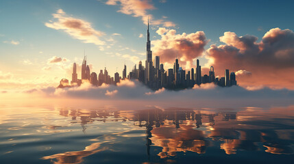 Naklejka premium Dubai's tall skyscrapers are shrouded in fog in the early morning. Rare aerial view