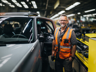Old worker in orange vest standing in a factory, horizontal