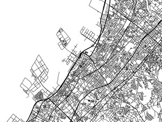 Vector road map of the city of  Kishiwada in Japan with black roads on a white background. 4:3 aspect ratio.
