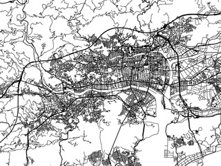 Vector road map of the city of  Kochi in Japan with black roads on a white background. 4:3 aspect ratio.