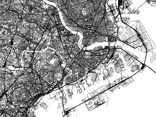 Vector road map of the city of  Kawasaki in Japan with black roads on a white background. 4:3 aspect ratio.