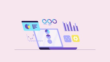 Animation of laptop and graphics, Financial diagram and charts. Software, web development, programming concept. Abstract graphs and diagrams for business  on screen. Internet page or web interface