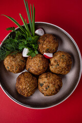 Hot, Juicy Beef Meat Patties on a Plate against a Red Background