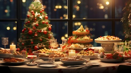 christmas table setting A table with a christmas tree in the background
