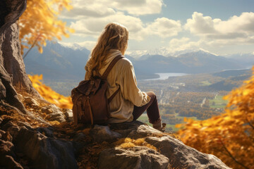 Travel lifestyle. Hiking in mountains. Exploring natural destinations. Discover untouched beauty of nature. Woman witch backpack sitting on rock and looking at mountain valley