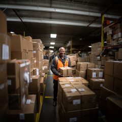 Black man worker wearing safety gear in a warehouse setting - holding box