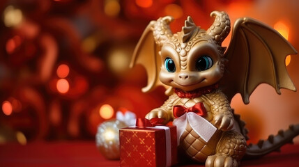Fototapeta premium small cute baby dragon with a gift box on a background of lights, new year, symbol 2024, chinese calendar, christmas tree toy, eve, holiday, ribbon, bow, figurine, dinosaur, mythical animal, gold