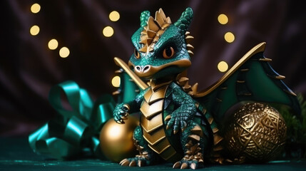 Fototapeta premium small cute baby dragon with a gift box on a background of lights, new year, symbol 2024, chinese calendar, christmas tree toy, eve, holiday, ribbon, bow, figurine, dinosaur, mythical animal, gold