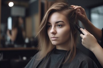 Fototapeta premium girl at hair dresser.AI Generated