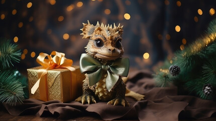 Fototapeta premium small cute baby dragon with a gift box on a background of lights, new year, symbol 2024, chinese calendar, christmas tree toy, eve, holiday, ribbon, bow, figurine, dinosaur, mythical animal, gold