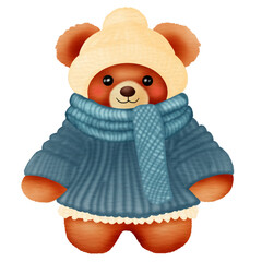 A cute teddy bear cartoon character wearing winter fashion clothes. Vector illustration drawing.