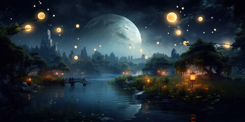 fantasy landscape with giant moon and floating lights