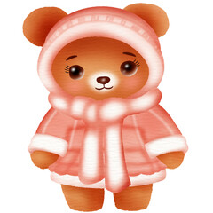 A cute teddy bear cartoon character wearing winter fashion clothes. Vector illustration drawing.