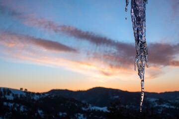 Stalactite of ice in the mountains of Grevena, north Greece, in winter